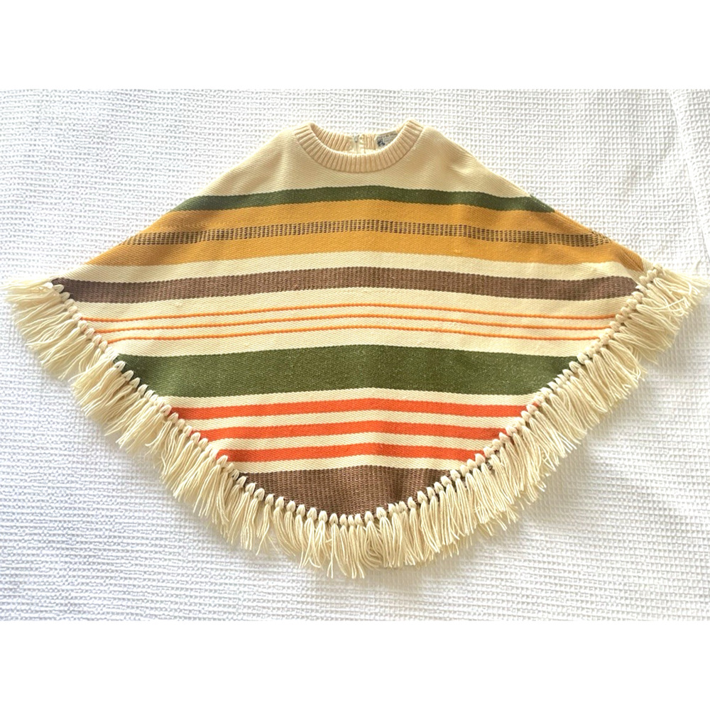 Vintage 70s Poncho Cape Madawaska Weavers 100% Wool Fringe Striped